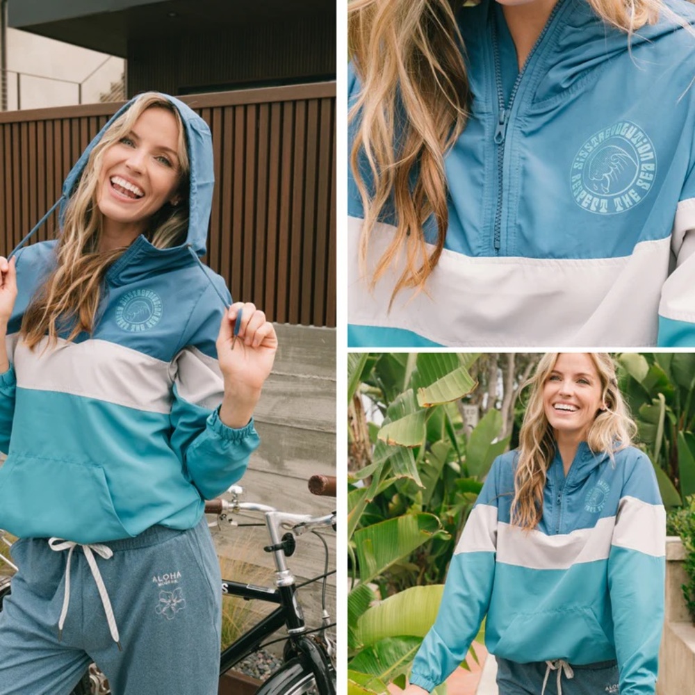 SISSTREVOLUTION Blue Teal Colorblock Anorak Windbreaker Surf Jacket Hooded Sz Sm